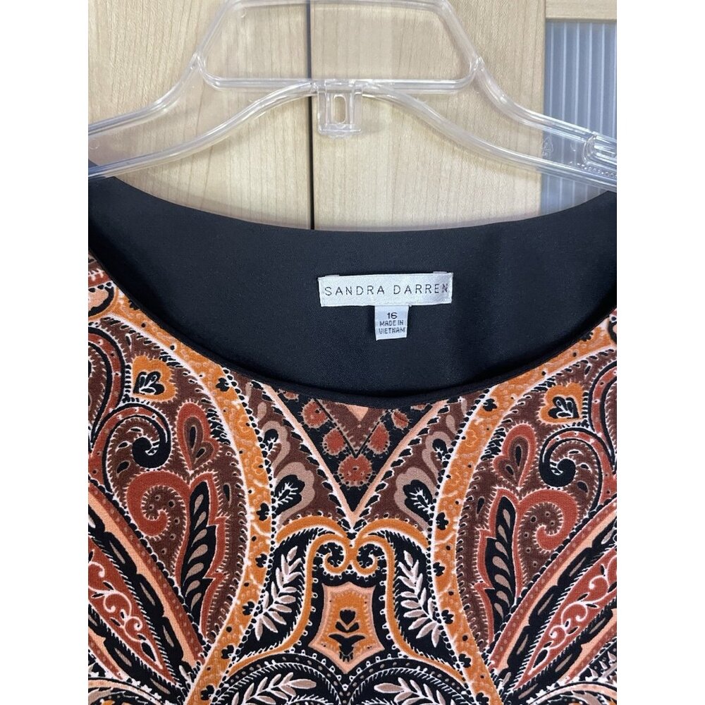 Sandra Darren Paisley Shift‎ Dress Black Brown Sz 16 Party Career Casual Boho - Picture 3 of 5